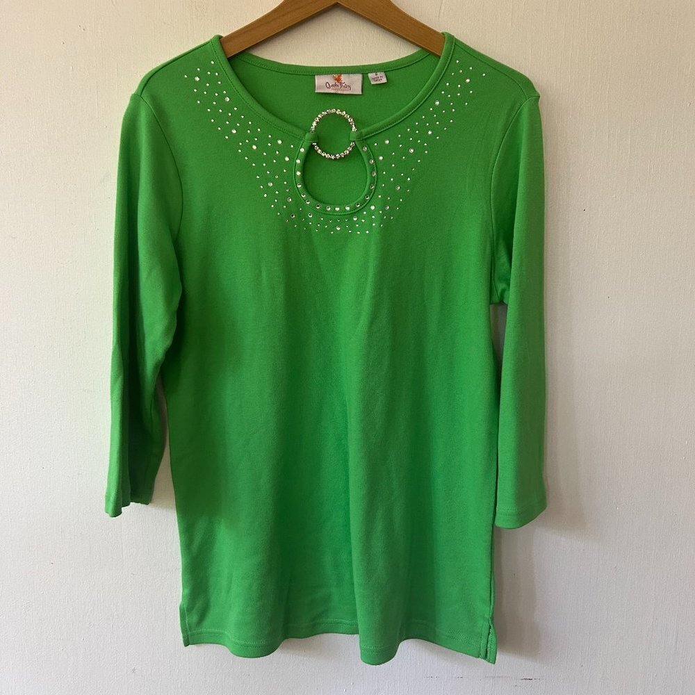 Quacker Factory Green Rhinestone Top Small Maximalist Eclectic Art to Wear VTG